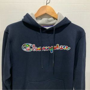 Champion Unisex Hooded Pullover Flag Mosaic Cursive Logo - Navy Blue - Adult S